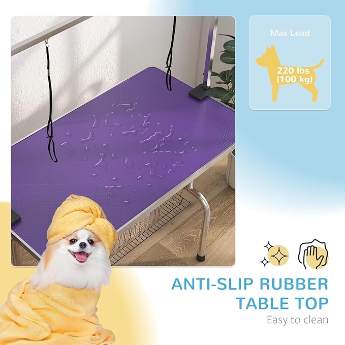Pet Dog Grooming Table, Foldable Stainless Steel Pet Drying Grooming Table Up to 330lbs, Professional Bathing Desk for Dogs at Home with Adjustable Overhead Arms, Noose, Mesh Tray, 46''/Purple