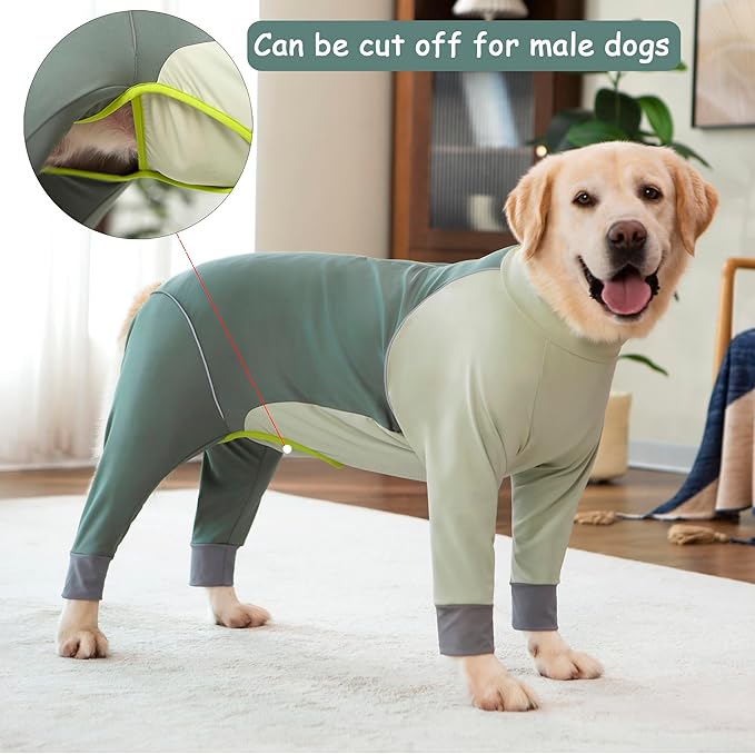 Dog Onesie Coat - Water-Repellent & Stretchable, Dirt-Resistant Outdoor Puppy Suit with Reflective Strips | Controls Shedding | for Small, Medium, Large Dogs (Olive Green, 3XL(Weight 33-53 lbs))