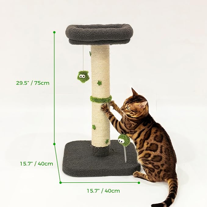 TinyBeast 29.5" Cat Tower with Scratching Post, 4-in-1 Natural Sisal Cat Scratcher with Removable Plush Perch Bed, Cat Stand Featuring Dangling Ball & Spring Ball, Cat Tree Tower for Indoor Adult Cats