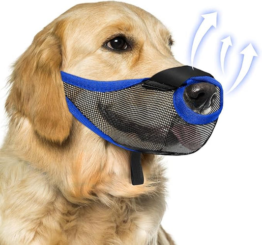 Dog Muzzle, Soft Air Mesh Muzzles for Large Sized Dogs, Breathable Dog Mussels for Scavenging Biting Licking & Barking, Adjustable Mouth Guard with Front Opening, Allows Panting and Drinking (Blue,L)
