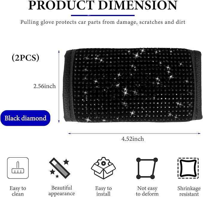 Wevdn 2 PCS Car Grab Handle Cover, Bling Rhinestone Handcraft Auto Door Handle Protector, Soft PU Leather Seat Belt Covers for Women Girls, Interior Accessories for Most Cars (Black)