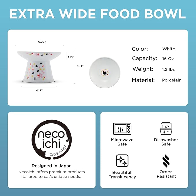 Necoichi Elevated Cat Food Bowl, Ceramic (Porcelain), Whisker-Friendly, Dishwasher & Microwave Safe, Non-Slip Silicone Base, Anti-Vomiting & Neck Fatigue (Sakura Floral, Extra Wide, 2-Cups Capacity)