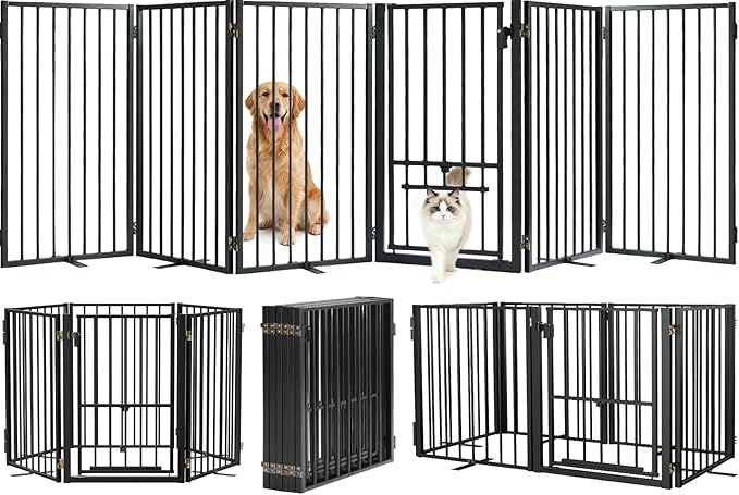 Metal Freestanding Dog Gate with Cat Door for Outdoor & Indoor,34" Tall Foldable Pet Fence,120" Extra Wide Dog Gate for RV Camping,Stairs,Hallways,Doorways,Deck,Yard,with 5PCS Support(6 Panels,Black)