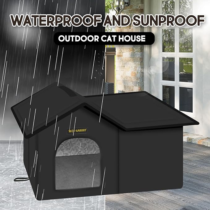 Rest-Eazzzy Cat House for Outdoor Cats, Weatherproof and Insulated Feral Cat House with Mat and Clip, Easy to Put Together, Selfwarming Cat Shelter for Summer (Black, Waterproof House-L)