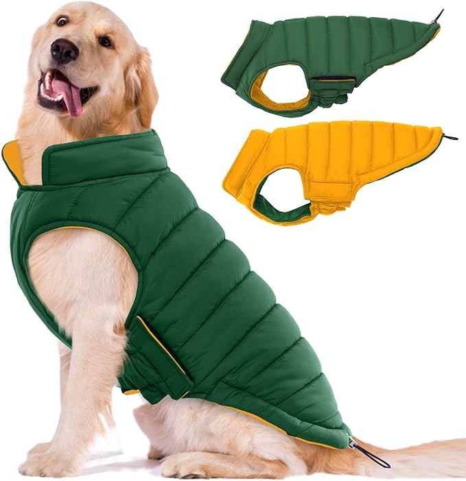 Lelepet Reversible Dog Coat Waterproof Dog Jacket Windproof Puffer Vest for Winter Warm Lightweight Coats for Medium Dogs Adjustbale Hook & Loop Pet Apparel with Leash Hole, French Bulldog, Green L