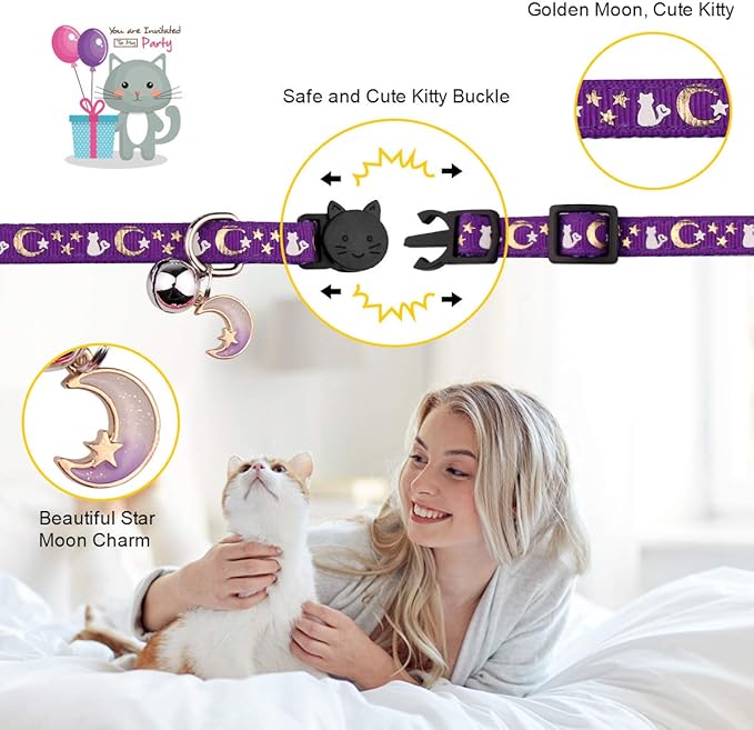 Baeuppit 2PCS Breakaway Cat Collars with Bell Cute Kitty Glow in The Dark Adjustable Kitten Collars 7.9-13.0 Inch(Purple&Pink)