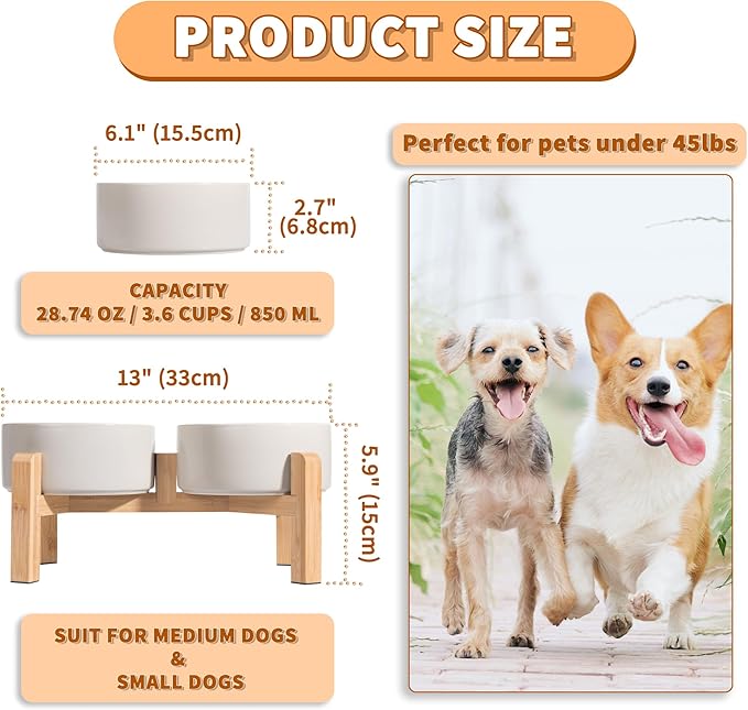 PTOBER Elevated Ceramic Dog Bowl Set - Double Feeding Bowls with Non-Slip Bamboo Stand - Raised Dog Dishes for Food and Water - Ideal for Small to Medium Breeds - 3.6 Cups