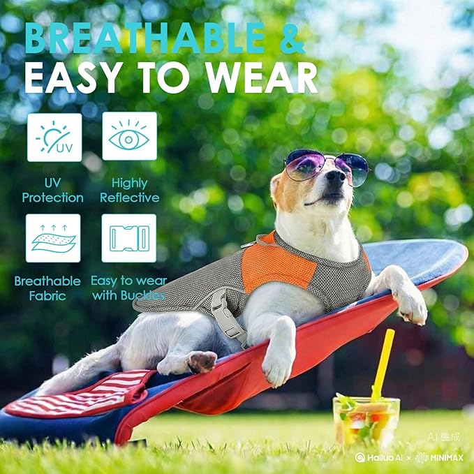 AOFITEE Dog Cooling Vest Large, Cooling Jacket for Dogs, Breathable Cooler Dog Shirt with Harness D-Ring, Lightweight Dogs Cooler Jackets Pet Ice Vest for Summer Hot Weather, Orange XL