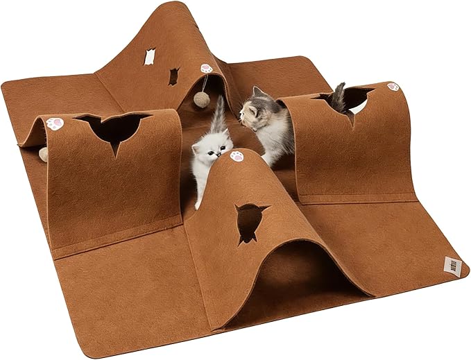Cat Tunnel Play Mat for Indoor Cats, Felt Interactive Pet Toy with Hidden Ball, Enrichment Activity Rug, Collapsible Cave for Kittens & Small Pets (Brown)