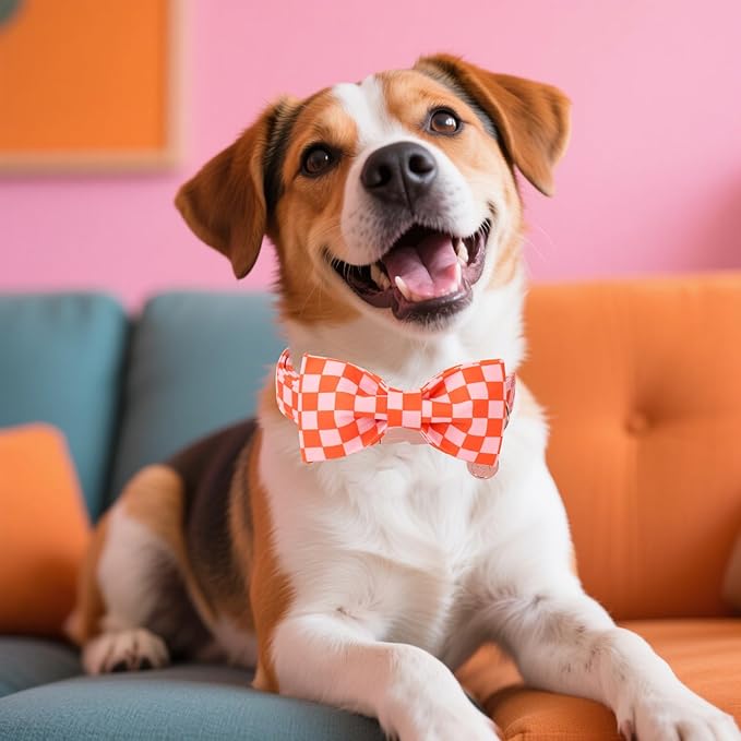 DOGWONG Orange Pink Plaid Dog Collar with Bow - Adjustable and Comfortable Autumn Dog Collar Fall Necklace for Large Medium Small Pet,XL