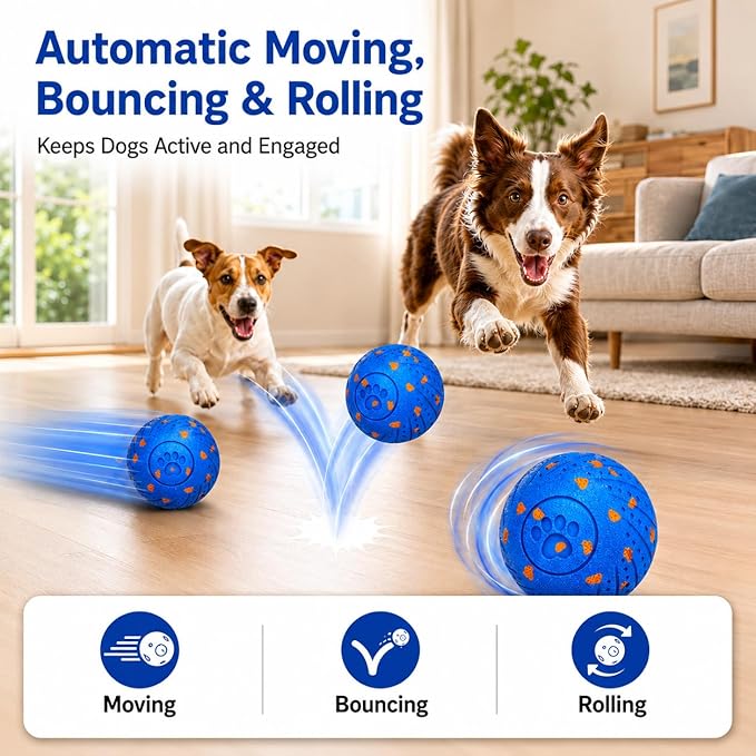 Smart Interactive Dog Ball, Automatic Moving, Bouncing and Rolling Dog Toy with 3 Play Modes, Type-C Rechargeable E-TPU Active Play Ball for Medium and Large Dogs, IP54 Splash-Resistant