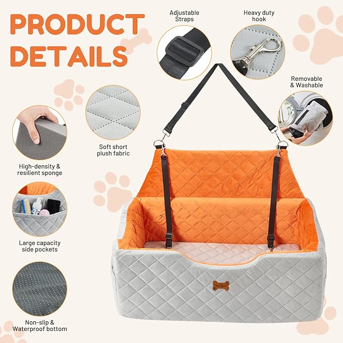 Dog Car Seat for Large Dogs - Foam Dog Booster Seats for 2 Small Dogs, High Depth Car Pet Seat with Storage and 2 Safety Leash, Washable Portable Travel Cat Bed, 2-inch, Grey