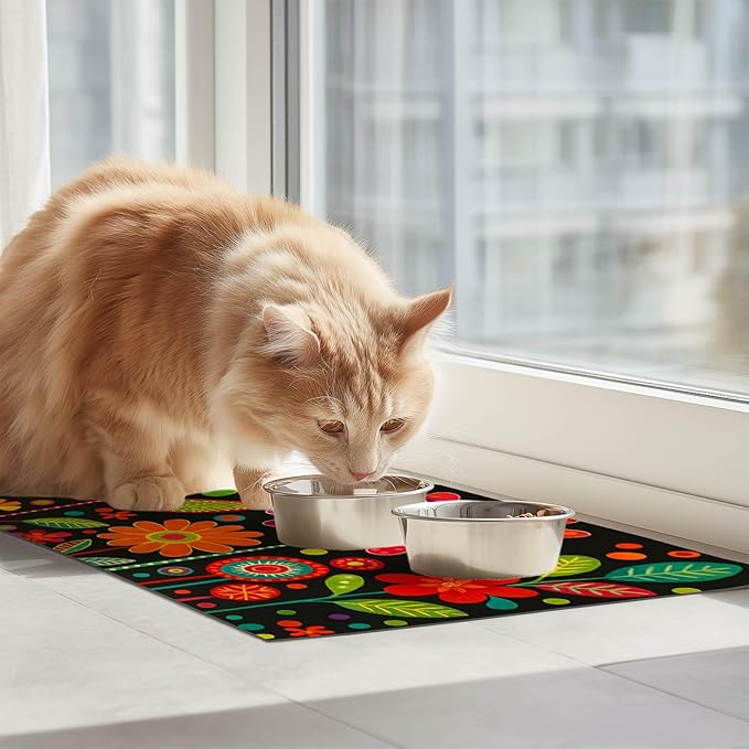 HOMETITUTE Vibrant Flower Pattern Pet Food Mat Spill-Proof Cat Feeding Mats Non-Slip Mat for Dog Food and Water Bowls Trendy Easy Clean Fast Dry Cat Food Mats for Indoor Cats 20" x 12"