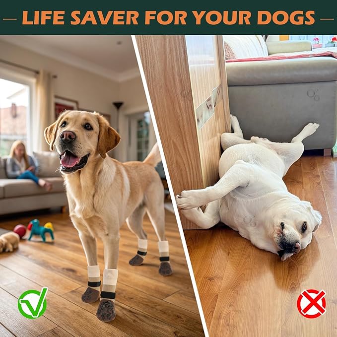 EXPAWLORER Anti Slip Dog Socks to Prevent Licking Paws,Dog Shoes for Hot Pavement, Dog Booties for Hardwood Floors, Dog Boots & Paw Protectors with Grippers for Small Medium Large Senior Dogs Khaki XL
