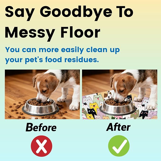 Cute Cat Food Mat Pet Feeding Placemat Colorful Cartoon Cat Pattern Rectangle Diatomaceous Earth Absorbent Quick Dry Pet Mat Protect Floors for Food and Water Bowl Supplies 20 x 12 Inch