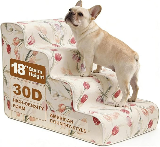 4-Step Dog Stairs for Bed & Couch 18" H, Extra Long Dog Steps for Bed with 30D Foam, Country Style Pet Stairs for Small Dogs and Older Cats, Beige