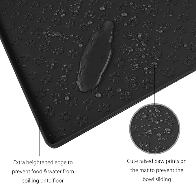 Cat Dog Food Mat Silicone Pet Feeding Mat Waterproof & Non Slip Pet Bowl Placement Tray to Prevent Food Spills and Water Messes Out to Floor(Black)