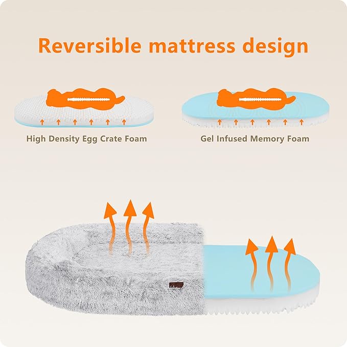 Human Dog Bed Fits Adult & Pets, Reversible Orthopedic Gel Memory Foam Cushion, Washable Long Plush, Plump Edge with Blanket, Storage Pocket, 71"x47.2"x9", Extra Large, Ombre Grey