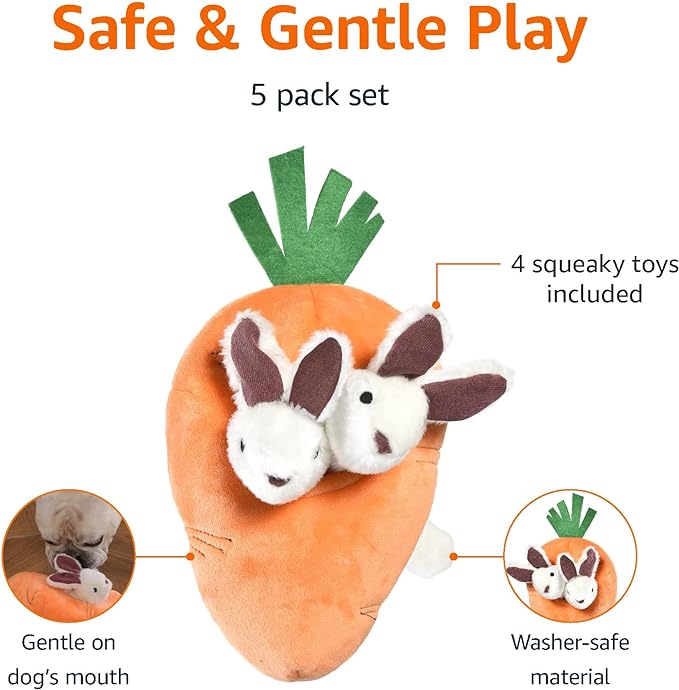 Amazon Basics Interactive Hide and Seek Squeaky Dog Plush Toy with Squeaker for Small Dogs, Rabbit and Carrot, Orange and White, 5-Pack