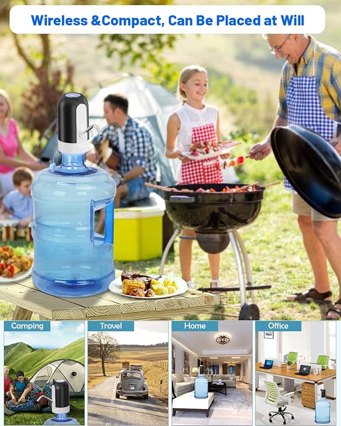 Myvision Water Dispenser for 5 Gallon Bottle, Portable USB Charging Electric Water Pump, Drinking Water Jug Pump for Home, Kitchen, Living Room, Office, Camping, Universal for 3-5 Gallon (Black)