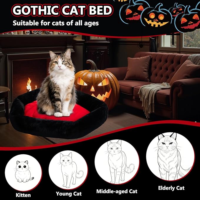 Gothic Cat Beds Fits up to 25 lbs, Washable Coffin Cat Bed, Goth Pet Bed, Halloween House 32 * 22 Inch, Red & Black Small (Black, Large)