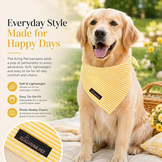 ARING PET Stripe Dog Bandanas, Cute Yellow Pet Bandana Scarf Triangle Bib for Small Medium Large Boy Girl Dogs Cats, Puppy Kerchief for Daily Wear Walks Party Photos-L