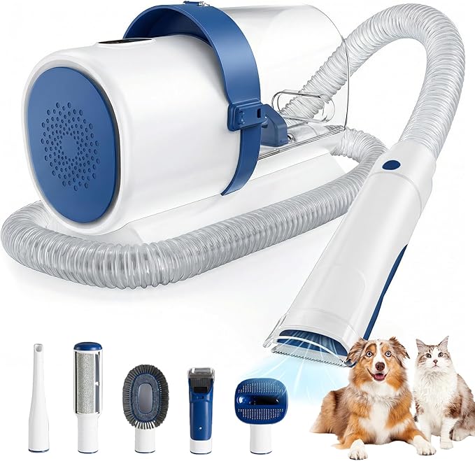 DUMOS Pet Grooming Vacuum Kit, 3 Adjustable Suction Modes Dog Clipper, 5 Professional Grooming Tools with Cordless Low Noise Cat Hair Clippers, 2.5L, Blue & White