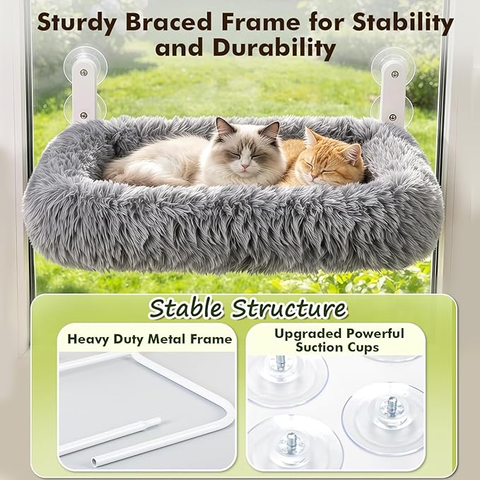 Zoratoo Cloud-Snuggle Cat Window Perch with 4-Sided Ultra-Thick & Fluffy Plush Cushion Bed, Foldable Cordless Cat Window Hammock for Window with Sturdy Metal Frame for Large Cats and Kittens (M, Gray)