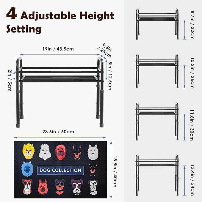 ADENGL Elevated Dog Bowls for Large Dogs – 4 Height Adjustable Raised Stand with 2×1600ML Stainless Steel Bowls & Non-Slip Mat, Heavy-Duty Metal Frame Dog Feeder for Indoor & Outdoor Use