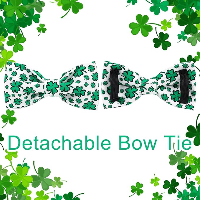 St. Patrick's Day Dog Collar with Bow Tie, Spring Shamrock Bowtie Collar for Girl Boy Dog, Lucky Clover Dog Collar with Metal Buckle, Green Collar for Dogs, XL