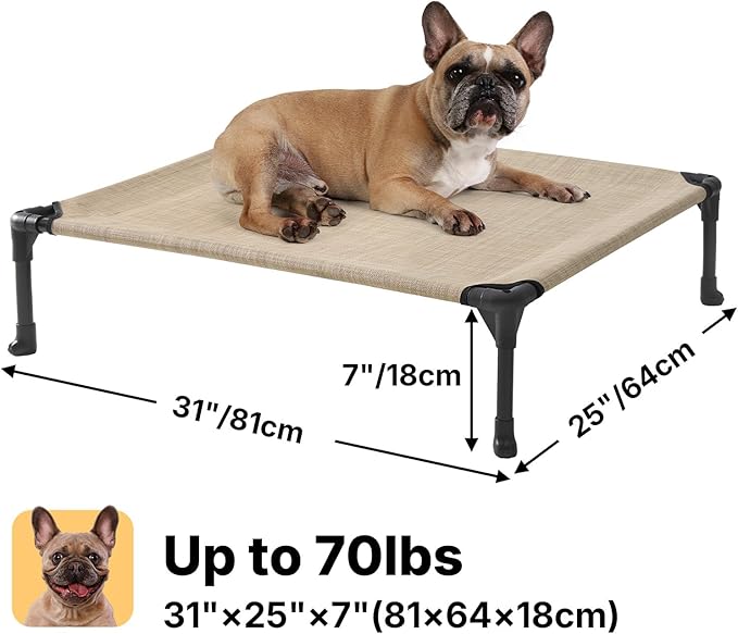 Veehoo Outdoor Elevated Dog Bed for Medium Dogs, Cooling Raised Dog Cot Off Ground Hammock Pet Beds with Breathable Mesh, No-Slip Feet, 32"x25", Beige Coffee