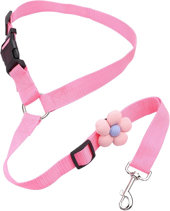 YAOHDAO Dog Seat Belt Harness for Car, Restraint Adjustable with Elastic Bungee Buffer Headrest for Vehicle, 360 Degree Swivel Nylon Pet Safety Seat Belts Car Harness (Pink with Flowers)