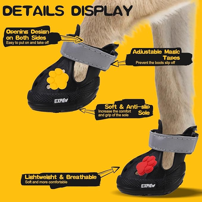 EVA Dog Shoes- Non-Slip Waterproof Dog Booties for Hot Pavement, Easy ON & Off, Reflective Adjustable Pet Boots & Paw Protectors, Rugged Sole for Small Medium Large Dog Outdoor Walking (Black, XL)