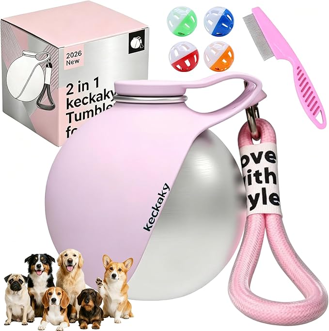 2 in 1 Portable Dog Water Bottle, 2026 New 10oz Spherical Stainless Steel Pet Bottle with Silicone Foldable Bowl, No-Spill Leak-Proof Design, Dog Water Bottle for Walking, Hiking, Travel (Pink)