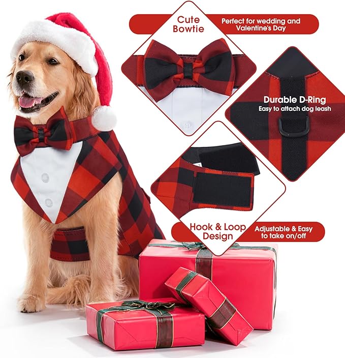Kuoser Christmas Dog Tuxedo Dog Suit and Bandana Set, Pet Christmas Outfit Adjustable Puppy Xmas Costume with Bow Tie for Large Medium Small Dogs Golden Retriever Samo Bulldogs, Red Plaid L