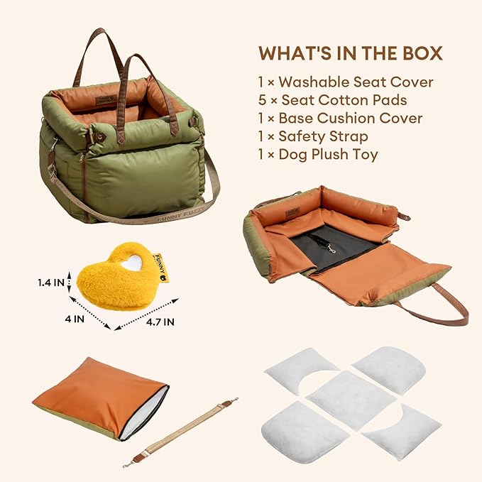 FUNNYFUZZY Luxury Dog Car Seat for Small Medium Dogs Under 35 lbs, Waterproof Leather Pet Booster Seat with Safety Leash & Anti-Slip Base, Fully Padded Dog Car Bed, Portable Puppy Carrier(Green)