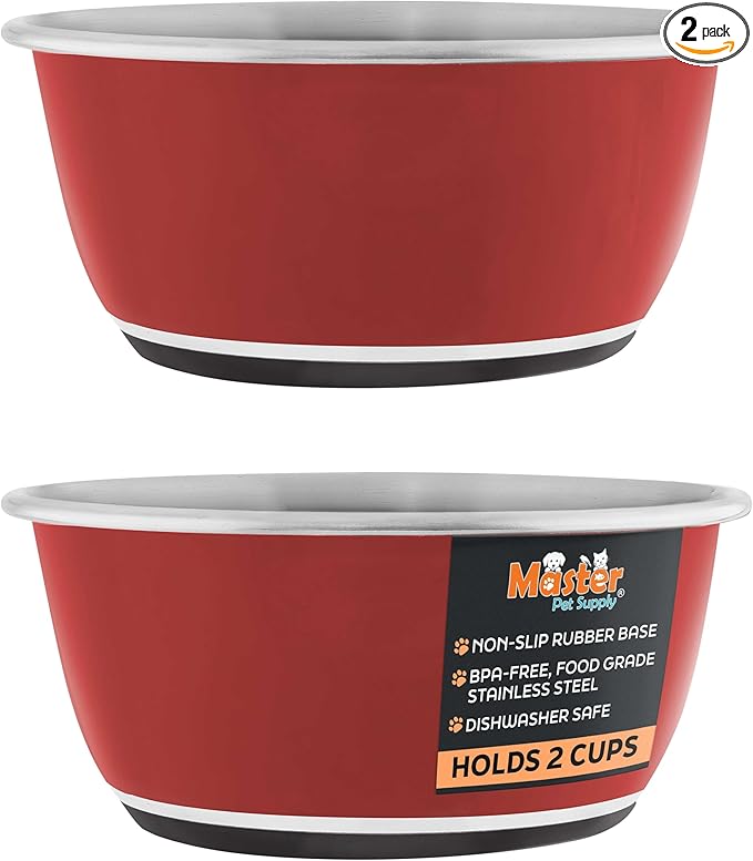Master Pet Supply Stainless Steel Dog Bowls Set of 2 (16 Oz Each) with Non-Slip Rubber Base - Crimson Flame - Basic Dog Food Bowl Water & Food Bowls for Small Medium Large Dogs & Cats, Metal Dish