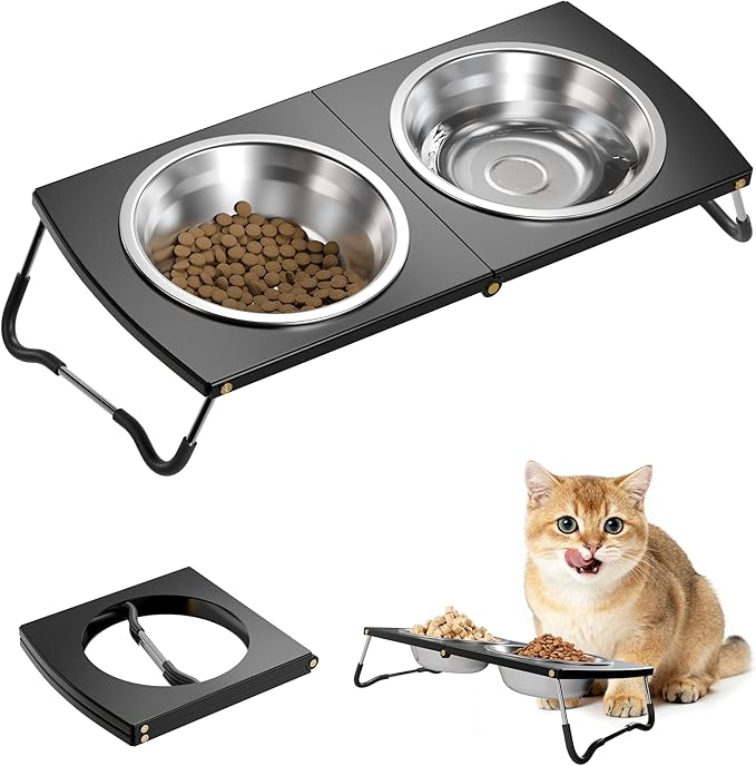 Elevated Cat Bowls with Foldable Stand, Height Adjustable Metal Raised Dog Cat Feeder with 2 Stainless Steel Bowls, Non-Slip Tilted Food Water Bowls for Cats and Small Dogs