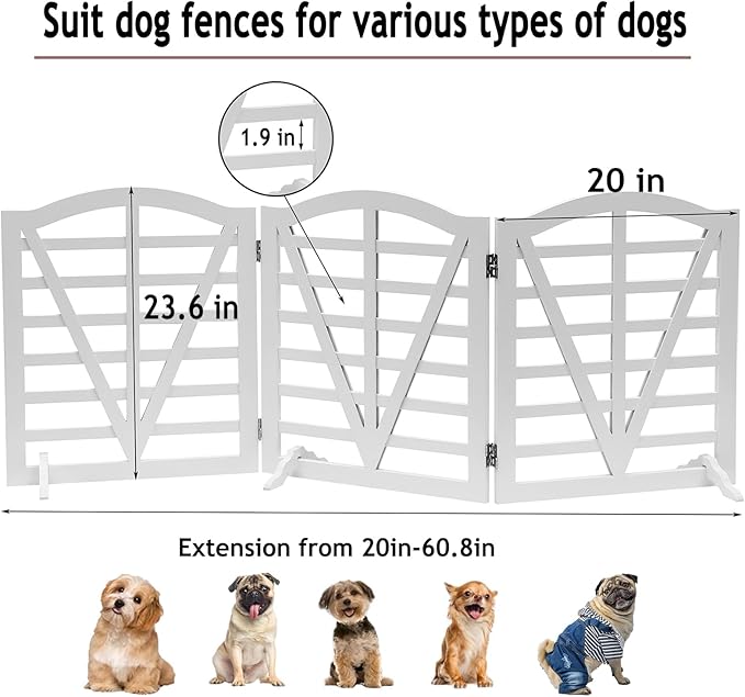 Wooden Dog Gate Freestanding Pet Gate Foldable Pet Gate for Dogs,Indoor Dog Fences with 3Foot Supportershite,3Pane 23.6" Height-White.
