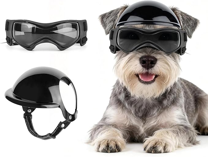 LESYPET Dog Helmet and Goggles for Small Breed, Puppy Motorcycle Helmet with Ear Holes, UV Protection Small Dog Sunglasses for Outdoor Activities/Riding/Walking