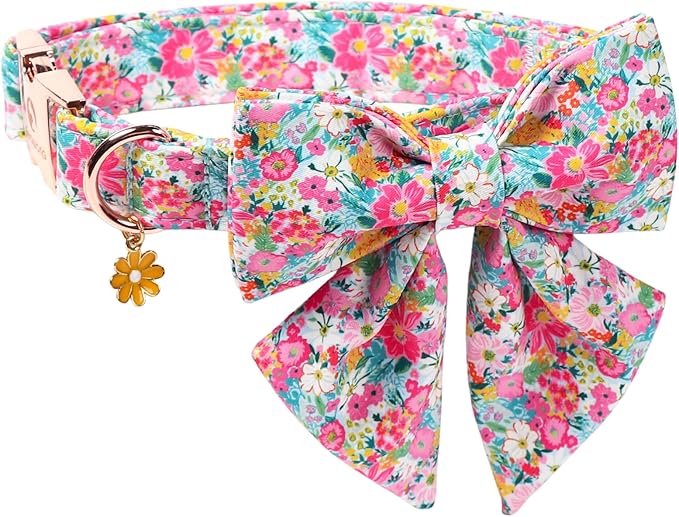 Floral Dog Collar for Girl Dogs, Spring Summer Pink Flower Dog Collar with Bowtie- Adjustable Female Sailor Bow Dog Collar for Small Dogs S