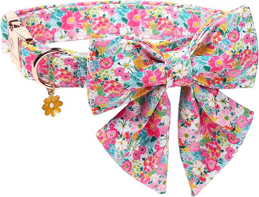 Floral Dog Collar for Girl Dogs, Spring Summer Pink Flower Dog Collar with Bowtie- Adjustable Female Sailor Bow Dog Collar for Small Dogs S