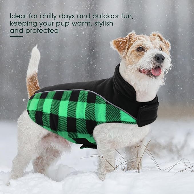 Kuoser Dog Winter Coat, Reversible Waterproof Dog Jacket with Leash Hole, Warm Dogs Fleece Vest Adjustable Doggy Cold Weather Clothes Plaid Christmas Outfit Pet Apparel for Extra Large Dogs, Green 3XL