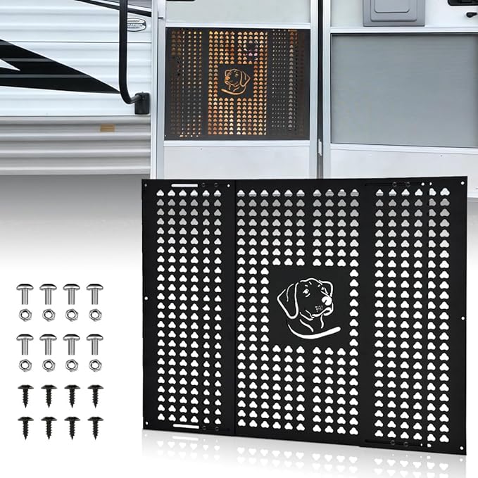 SKTYANTS RV Screen Door Protector Guard for Dogs - Black Adjustable Aluminum Alloy Grille (Fits 16"-31.7" Doors), Rust-Proof Pet-Proof Protector for RV Camper Travel Trailer Entry