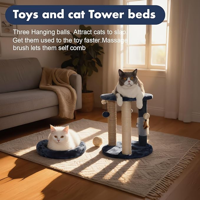 MECOOL Cat Scratching Post Tree with Tower Soft Bed.Natural Quality Sisal Carpet Jute Scratch Posts with Three Hanging Ball Toys and Massage Brush for Indoor Cats and Kittens Blue