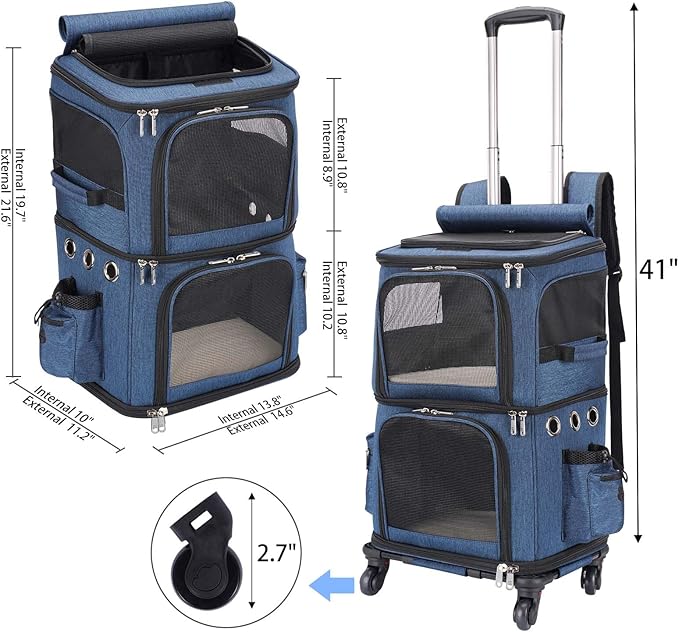 HOVONO Double-Compartment Pet Carrier Backpack with Wheels for Small Cats and Dogs, Cat Rolling Carrier for 2 Cats, Perfect for Traveling/Taking a Walk/Trips to the Vet, Blue