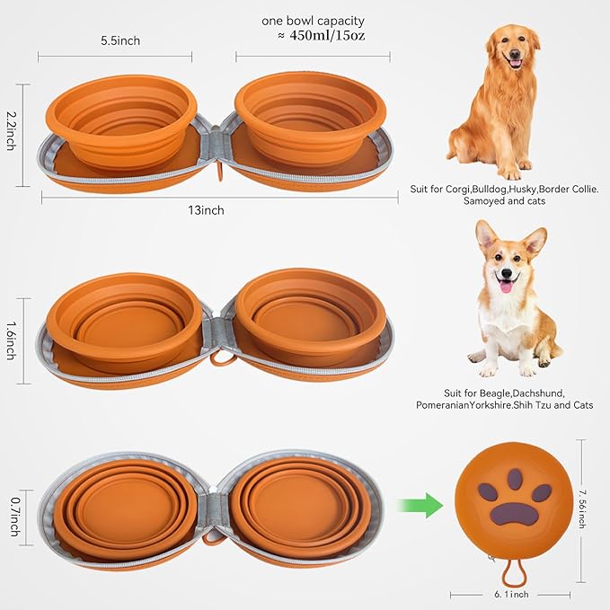 Collapsible 2-in-1 Dog Bowls: Leakproof Double Silicone Food & Water Bowl for Travel, Camping, Hiking - Portable Cat & Dog Feeding Supplies (Brown)