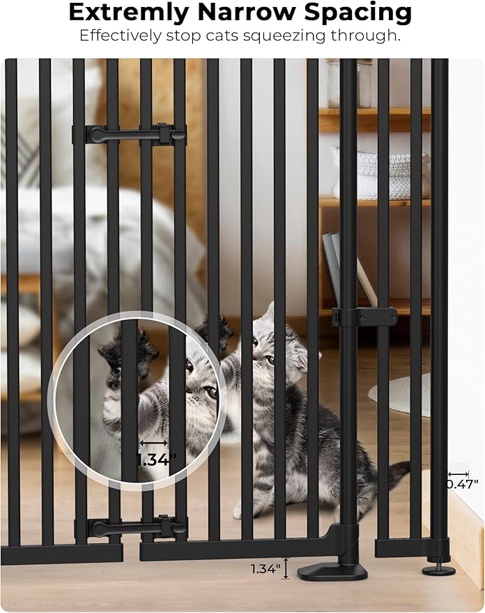 Extra Tall Cat Gate, 74.8”–90.5” High x 30.3”–38.2” Wide, No-Drill Pressure Mounted Safety Barrier for Doorways, Stairs, Hallways, Multi-Pet Separation，Black