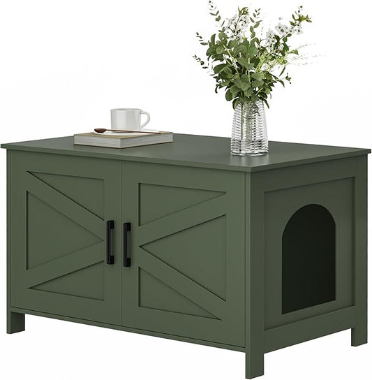 Homhedy Cat Litter Box Enclosure,Litter Box Furniture Hidden with Barn Door,Wooden Cat Washroom Furniture, Fit Most of Litter Box, Green