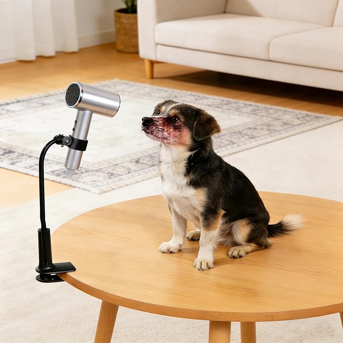Dog Hair Dryer Stand，Adjustable Hands Free Hair Dryer Holder with 360°Rotatable Clamp for Pet Dog Cat Grooming(Black)